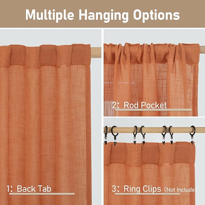 LAMIT Burnt Orange Semi Sheer Window Linen Curtains 63 Inch Length, Light Filtering Panels Back Tab and Rod Pocket Country Decor Drapes for Bedroom/Living Room, 2 Panels, 34 x 63 Inch