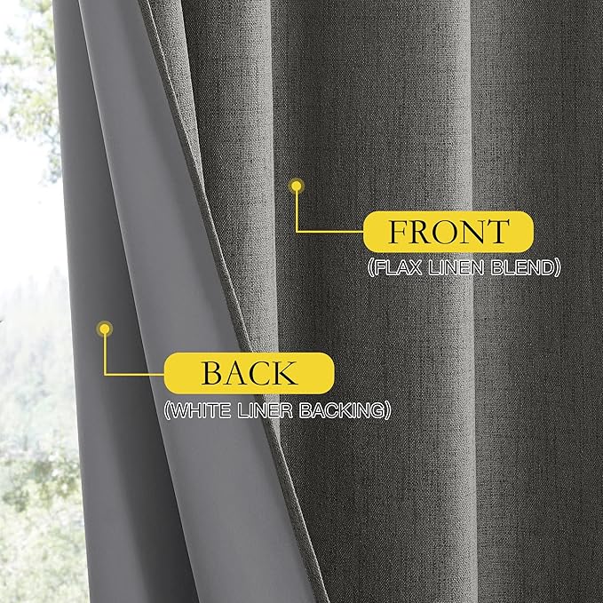 NICETOWN Grizzle Gray Vintage Linen 100% Blackout Curtains for Playroom, Thermal Insulated Curtains 72" Long, Noise Reducing Window Treatment Drapes for Laundry Room, 62" Wide Per Panel, Set of 2