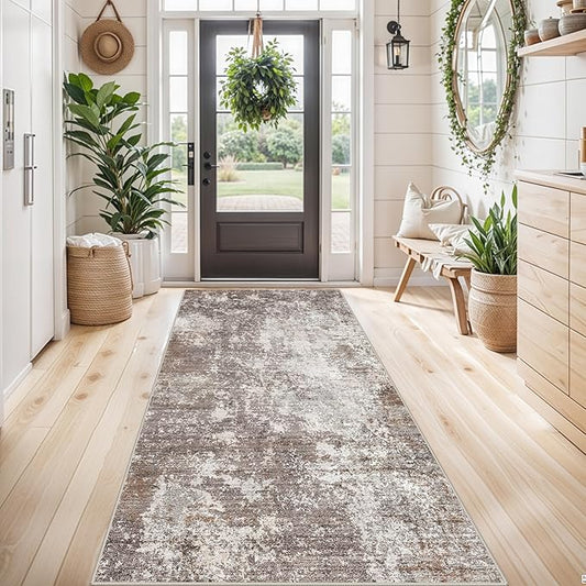 4x8 Washable Indoor Entryway Rug – Non-Slip Rubber Backed Floor Mat for Kitchen Hallway Bedroom – Modern Abstract Low-Pile Thin Wide Carpet Runner for Bathroom Living Room Office (Brown Beige, 4x8)