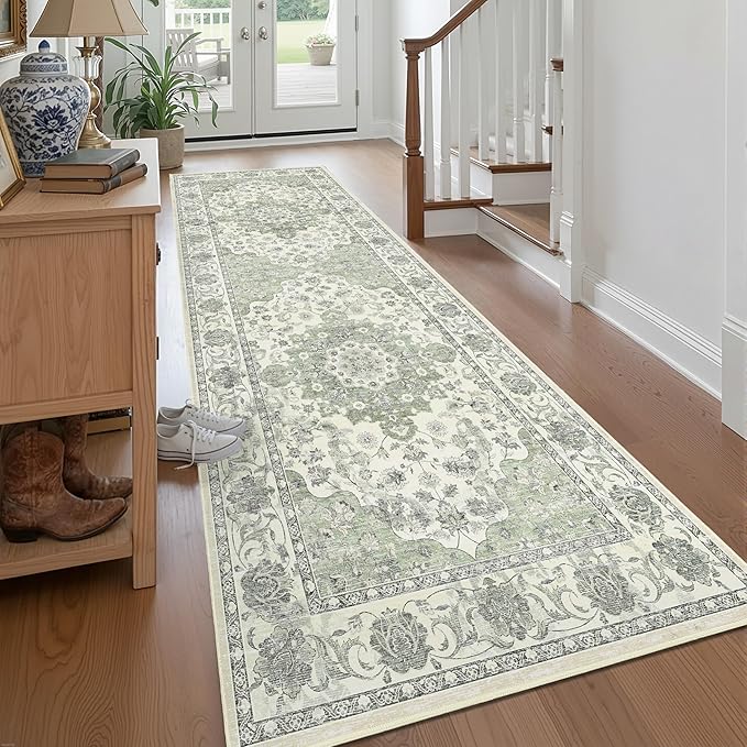 Washable Hallway Runner Rug - 3x8 Floor Carpet Rug Distressed Low Pile Mats Non Slip Soft Rugs for Dining Room with Rubber Backing Bedroom Runner with Vintage Design (Green 3x8)