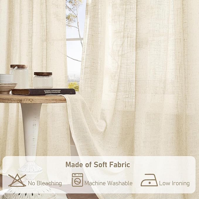 LAMIT Beige Linen Cafe Curtains 24 Inch Length, Semi Sheer Light Filtering Window Panels Back Tab and Rod Pocket Drapes for Kitchen/Small Windows, 25 x 24 Inch, 2 Panels