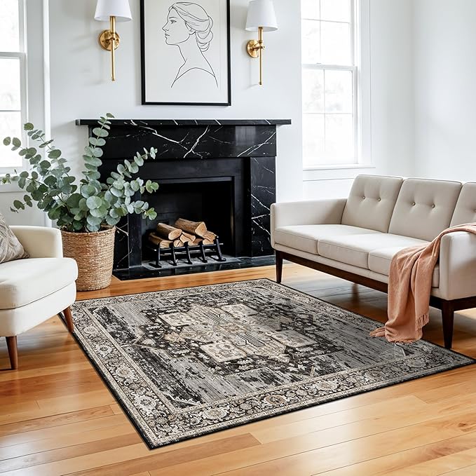 RUUGME Decorative 4x4 Rugs Square - Soft Area Rugs for Living Room Stain Resistant Vintage Ultra Thin Rugs for Bedroom Kitchen entryway with Non Slip Backing Home Decor 4x4 Black