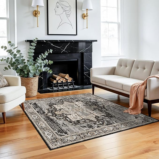 RUUGME Decorative 4x4 Rugs Square - Soft Area Rugs for Living Room Stain Resistant Vintage Ultra Thin Rugs for Bedroom Kitchen entryway with Non Slip Backing Home Decor 4x4 Black