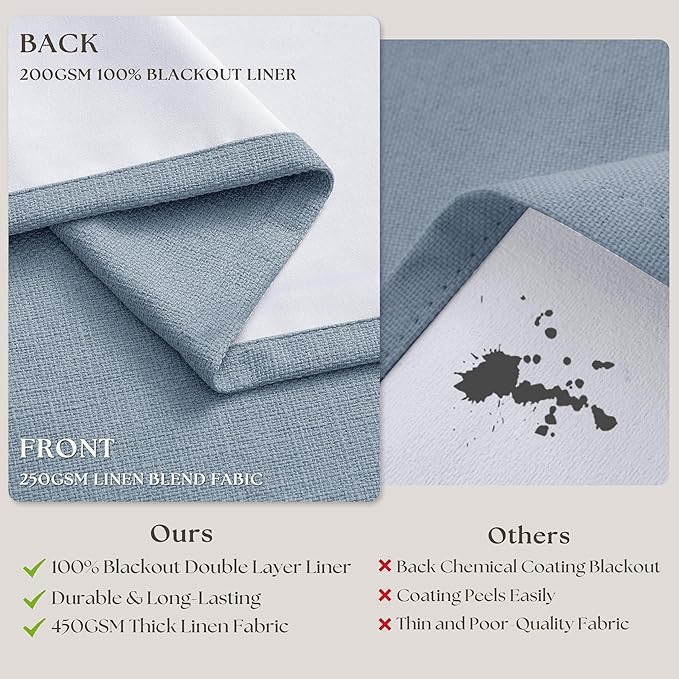 Light Blue Linen Blackout Pleated 105 Inch Curtains for Living Room Darkening Pinch Pleat 100% Black Out Drapes Thermal Insulated Soundproof 105 Inch Curtain with Liner for Dining Kids Girls Bedroom