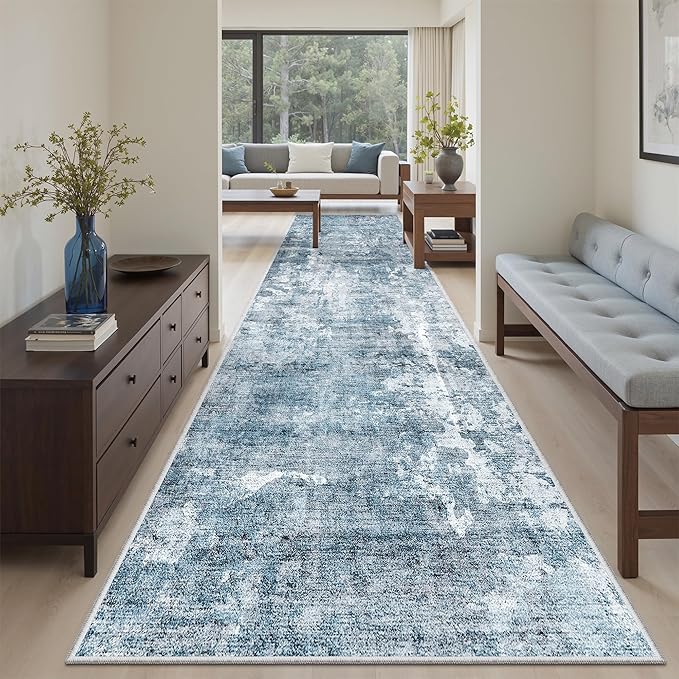 Soalmost Runner Rug 3x10 Washable Non-Slip Hallway Runner Rugs for Kitchen Bathroom Laundry Room Blue/Grey Vintage Floor Carpet Runners for Hallways Entryway