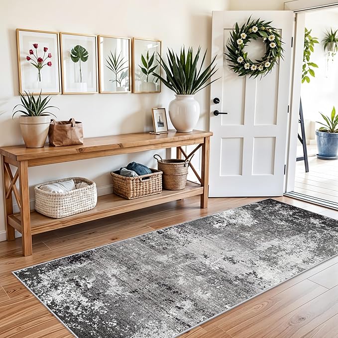 3x7 Kitchen Runner Rug – Washable Non-Slip Modern Abstract Neutral Carpet for Hallway, Entryway, Bedroom, Bathroom – Low-Pile Thin Stain-Resistant Wide Floor Runner (Black Grey,3x7)