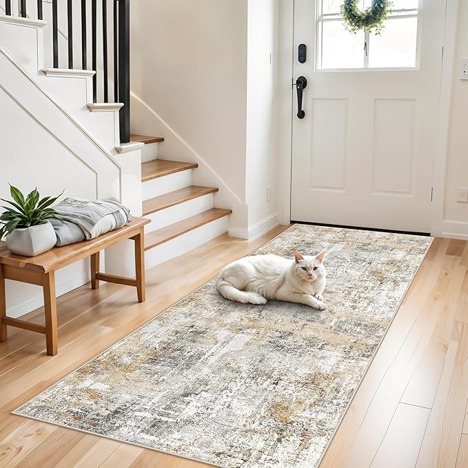 3x8 Washable Non-Slip Runner Rug – Modern Abstract Neutral Wide Carpet Runner for Kitchen, Hallway, Entryway, Bathroom, Bedroom – Low-Pile Thin Floor Mat with Rubber Backing (Gold Grey)