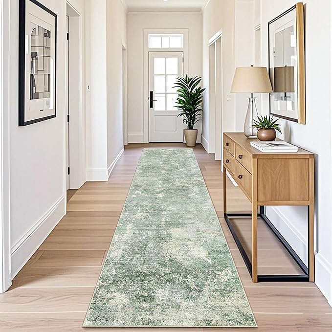 3x12 ft Non Skid Hallway Runner Rug - Kitchen Runner Rug with Rubber Backing Low Pile Thin Carpet Runners for Kitchen Entryway Bathroom,Modern Abstract Neutral（Sage Green,3x12）