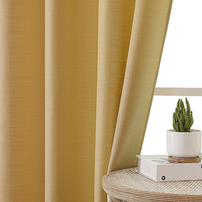 Chyhomenyc Gold Curtains 54 Inch Length 2 Panels, Faux Linen Textured Semi Sheer Light Filtering Soft Airy Rod Pocket Window Treatment Drapes for Living Room Bedroom, Each 30 Wx54 L