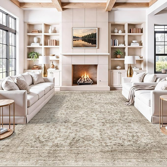 Washable Rugs 10x14 Area Rugs for Living Room,Ultra Soft Rugs for Bedroom/Dining Room/Conference Room Indoor - Non Slip Stain Resistant Carpets Distressed Floor Home Office Decor 10x14 Beige Brown