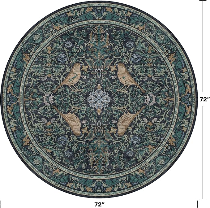 Washable Round Area Rug 6ft for Living Room, Soft Round Carpet Non-Slip with Rubber Backing, Vintage Large Circle Rug for Bedroom Kitchen Nursery, Dark Navy Blue Oriental Floral Décor