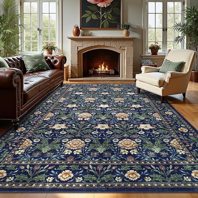 GarveeHome Large Area Rugs 9x12 for Living Room, Forest Green Floral Washable Rug Soft Non Slip Floor Mat Carpet Indoor Thin Accent Rug for Bedroom Dining Room Playroom Nursery Home Decor