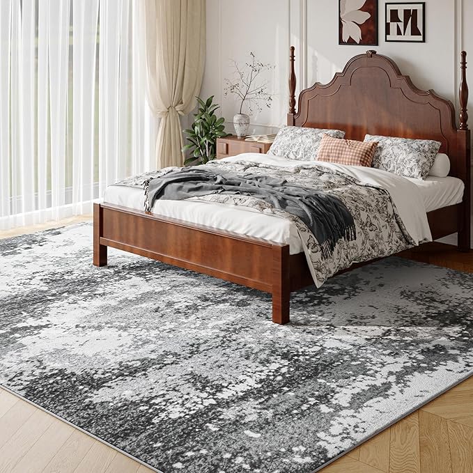 Washable Rug 8x10 Area Rugs for Living Room Bedroom Carpet, Grey Indoor Vintage Abstract Boho Large Rug Non Slip Faux Wool Rugs for Dorm, Dining Room Table, Nursery, Kids Playroom, Gray