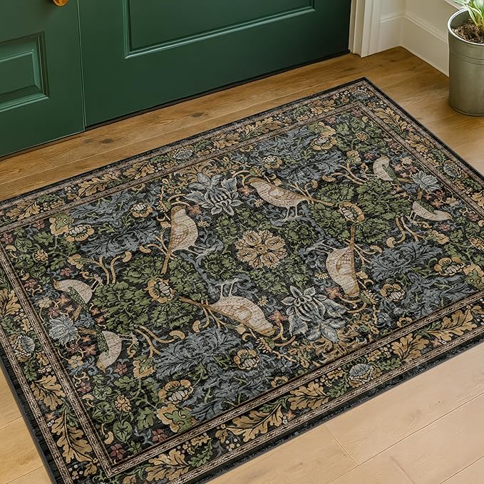 Hazo Haus Washable Dark Vintage Floral Rugs for Entryway - Small 2x3 Washable Rug for Kitchen Bathroom Door Mat Indoor Entrance with Bird & Botanical Pattern, Brown Earthy Tones, Non Slip Low Pile