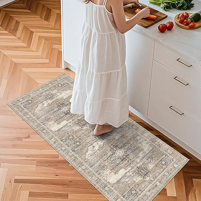 RUUGME Beige 2x4 Runner Rug - Soft Ultra Thin Easy to Clean Runner for Housewife Aged 35-44 - Perfect for Entryway/Hallway/Kitchen/Balcony Vintage Boho Rug 2x4 Beige