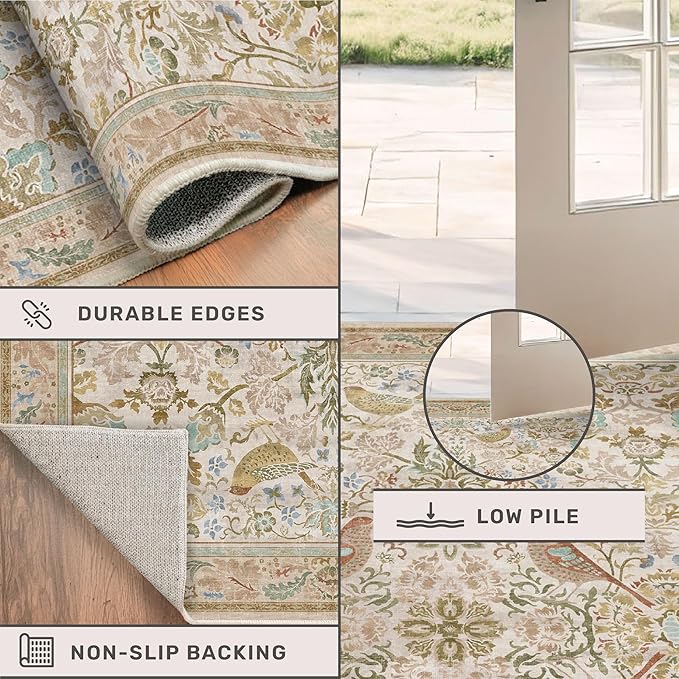 Washable Area Rugs 5x8 for Bedroom - Western Nature Rugs for Living Room, Dining Room,Playroom, Guest Room with Boho Beige Neutral Botanical & Bird Pattern, Non Slip Stain Resistant Low Pile