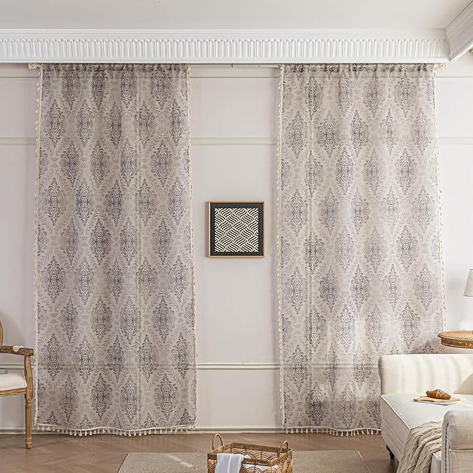 Khaki Geometric Sheer Curtains 84 inch Long, Fringed Edges and Textured Semi Sheer Curtains Large Window Treatments for Living Room/Bedroom, 2 Panels