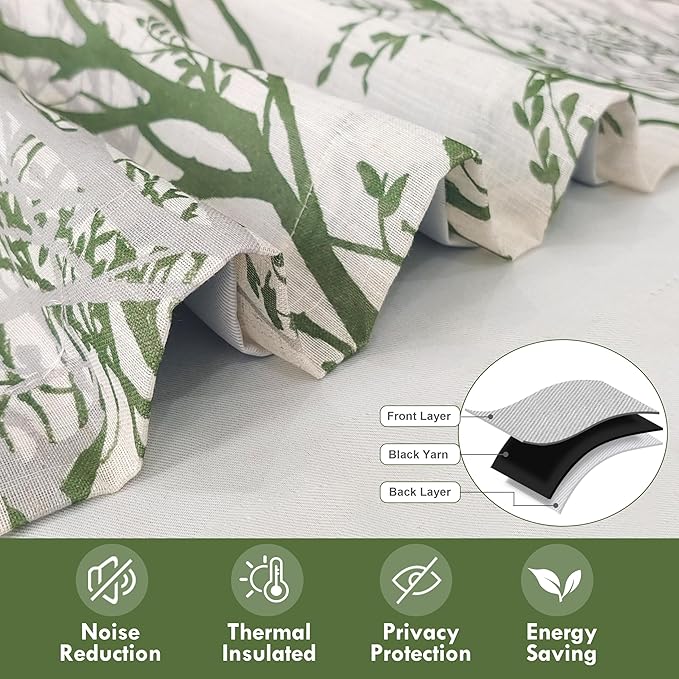 Driftaway Tree Branch Linen Lined Valance Double Layer Thermal Insulated Room Darkening Blackout Valances 3 Inch Rod Pocket Short Window Valance for Living Room Bathroom 52 Inch by 18 Inch Loden Green