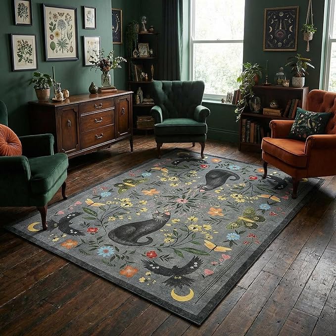 GarveeHome 5x7 Cat Area Rug Grey Washable Rugs for Living Room Bedroom, Soft Mushroom Floral Low Pile Non Slip Floor Mat Animal Print Throw Rug Indoor Carpet for Dorm Playroom Gothic Decor