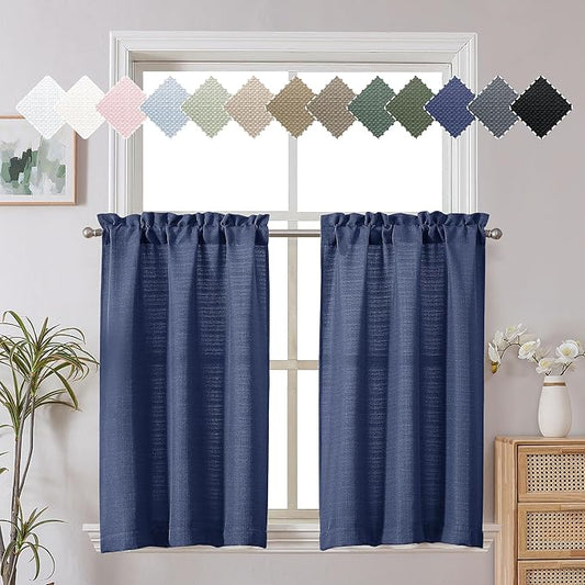 Chyhomenyc Bennet 2 Panels Blue Kitchen Curtains 24 Inch Length Tier Curtains, Faux Linen Textured Small Cafe Curtains, Light Filtering Short Window Curtains for Bathroom Basement, 30x24 Inch