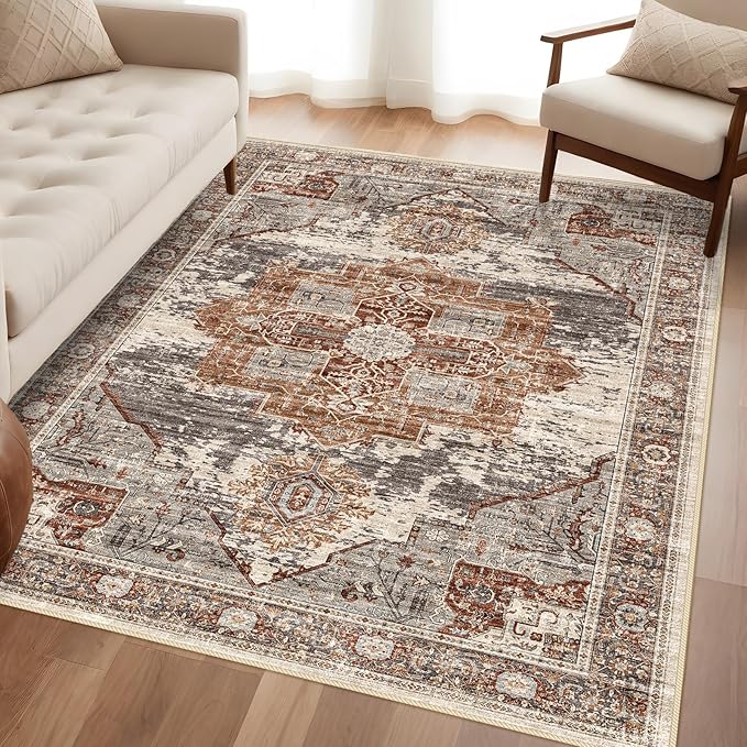 4x6 Living Room Area Rugs - Washable Area Rug Soft Stain Resistant Carpet Vintage Lightweight Ultra-Thin Rugs for Bedroom Kitchen entryway with Non Slip Backing Home Decor Small Mat 4X6 Brick