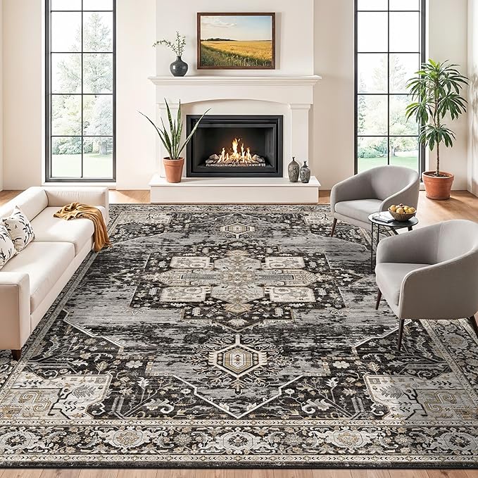 RUUGME Washable 11x15 Area Rug - Large Vintage Rugs with Non Slip Rubber Backing Stain Resistant Carpet for Bedroom Dining Room Indoor Soft Carpets Home Decor Decoration Mat 11X15 Black