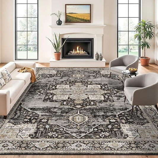 RUUGME Washable 11x15 Area Rug - Large Vintage Rugs with Non Slip Rubber Backing Stain Resistant Carpet for Bedroom Dining Room Indoor Soft Carpets Home Decor Decoration Mat 11X15 Black