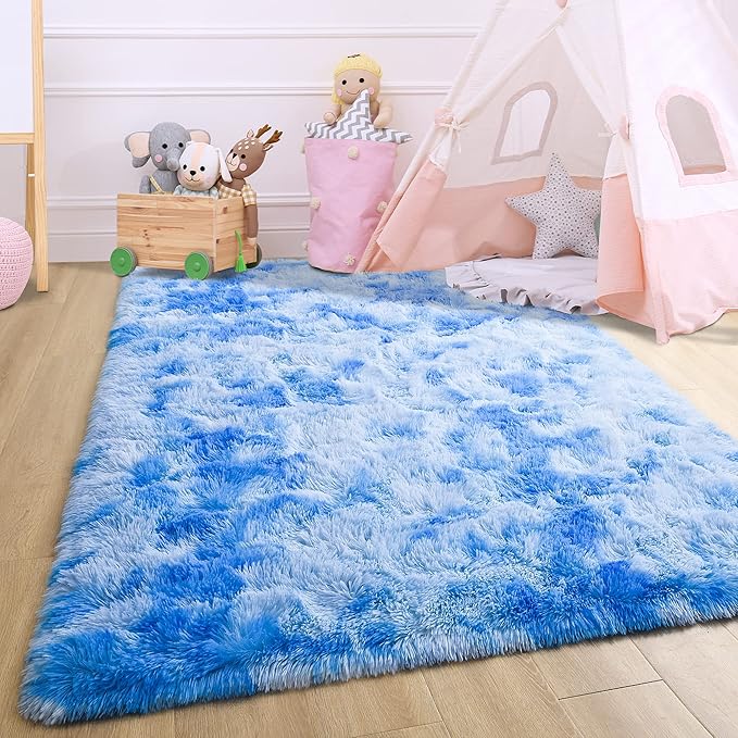 Noahas 4x6 Fluffy Kids Rugs for Room,Soft Blue Tie-Dyed Rainbow Rug for Girls Bedroom,Soft Colorful Playroom Shag Nursery Carpets Room Decor