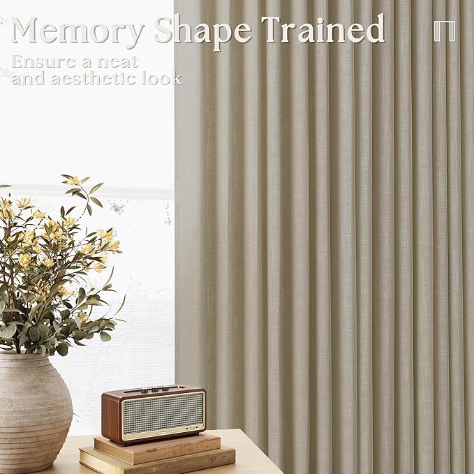 Farmhouse Pleated Linen Khaki Curtains 102 Inches Long 2 Panels Set for Living Room Bedroom Rustic Boho Cotton Linen Oatmeal Back Tab Memory Shape Pinch Pleat Ceiling Floor 102 Inch Window Curtain