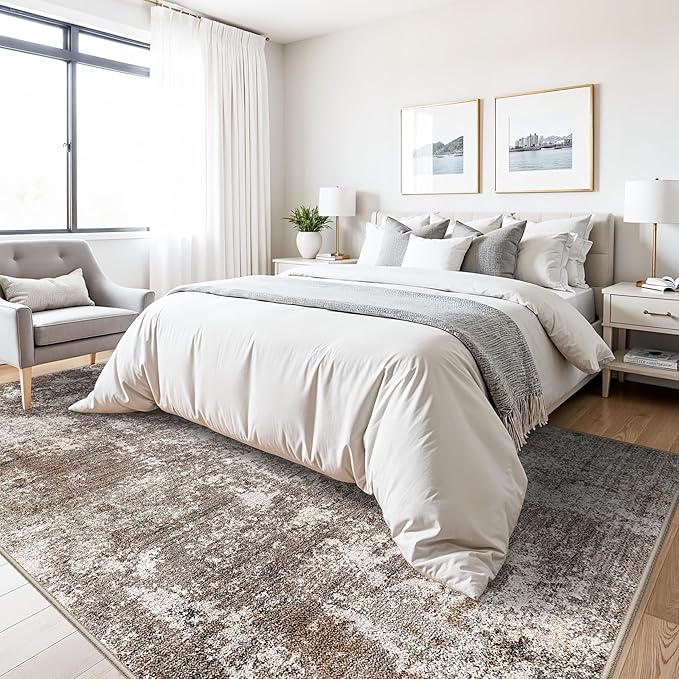 7x7 Area Rug Square Washable – Non-Slip Soft Indoor Carpet for Dining Room Living Room Kitchen Bedroom – Modern Abstract Neutral Low-Pile Accent Rug (Brown Beige, 7x7)