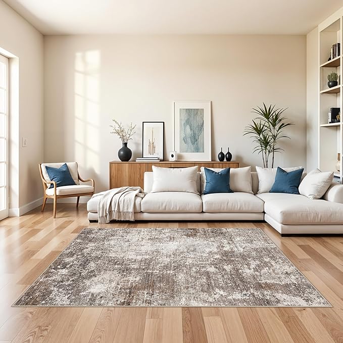 5x7 Washable Living Room Rug – Modern Neutral Abstract Area Rug for Bedroom, Dining Room, Kitchen & Home Office – Low Pile Thin Non-Slip Indoor Carpet (Brown Beige,5x7)