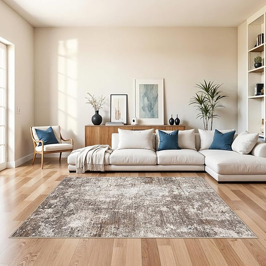 5x7 Washable Living Room Rug – Modern Neutral Abstract Area Rug for Bedroom, Dining Room, Kitchen & Home Office – Low Pile Thin Non-Slip Indoor Carpet (Brown Beige,5x7)
