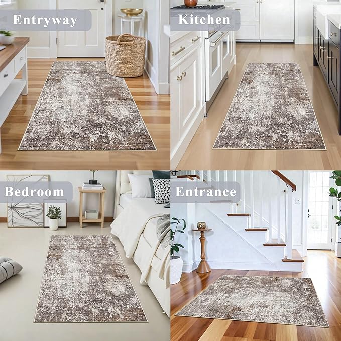 3x4 Washable Entryway Rug – Non-Slip Modern Abstract Small Area Rug for Kitchen, Bedroom, Bathroom – Soft Low-Pile Thin Indoor Door Mat (Brown Beige, 3x4)