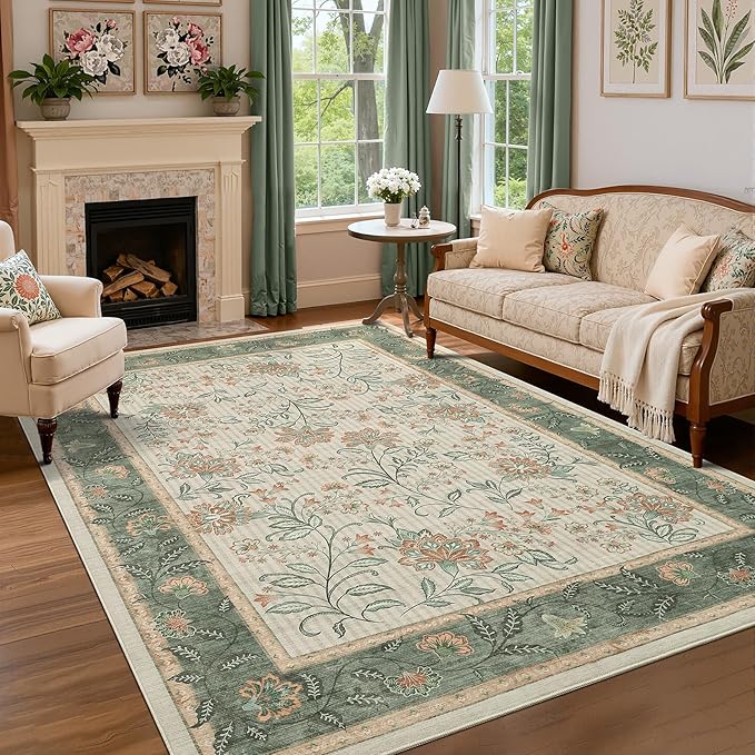 GarveeHome 4x6 Sage Green Washable Area Rug for Nursery Room, French Country Floral Bedroom Rug Non Slip Low Pile Carpet Stain Resistant Throw Rug for Bedside Kids Room Office Dining Room