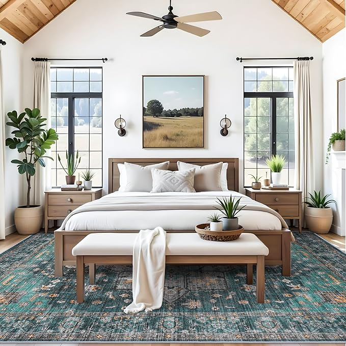 Living Room 9x12 Area Rugs - Large Boho Rugs for Living Room Stain Resistant Carpet Vintage Tribal Rugs for Bedroom Kitchen Bathroom with Non Slip Backing Home Decor Floor Decoration Mat 9x12 Teal