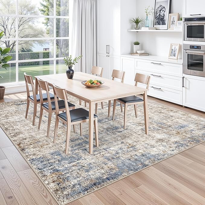 10x10 ft Square Living Room Rug – Washable Modern Abstract Area Rug for Bedroom, Dining Room, Playroom – Neutral Non-Slip Low-Pile Thin Indoor Carpet（Blue Brown）