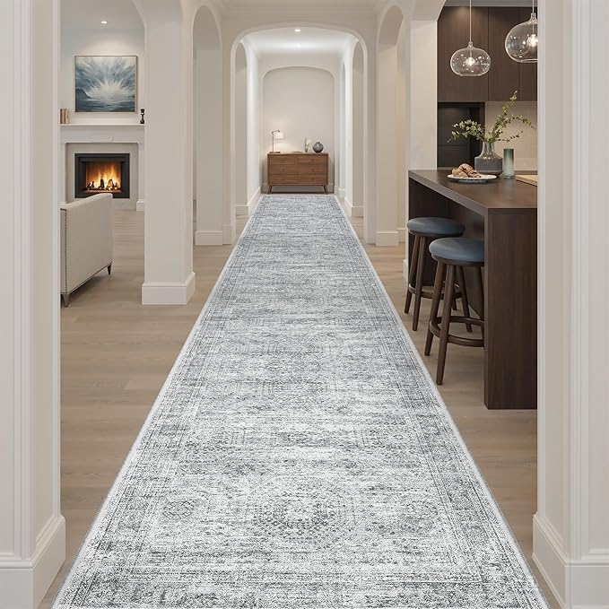 Soalmost Hallway Runner Rug 3x18 - Kitchen Rugs 18ft Washable Entryway Rug Vintage Kitchen Runners Non Slip Farmhouse Indoor Carpet Runner for Living Room Bedroom, Grey