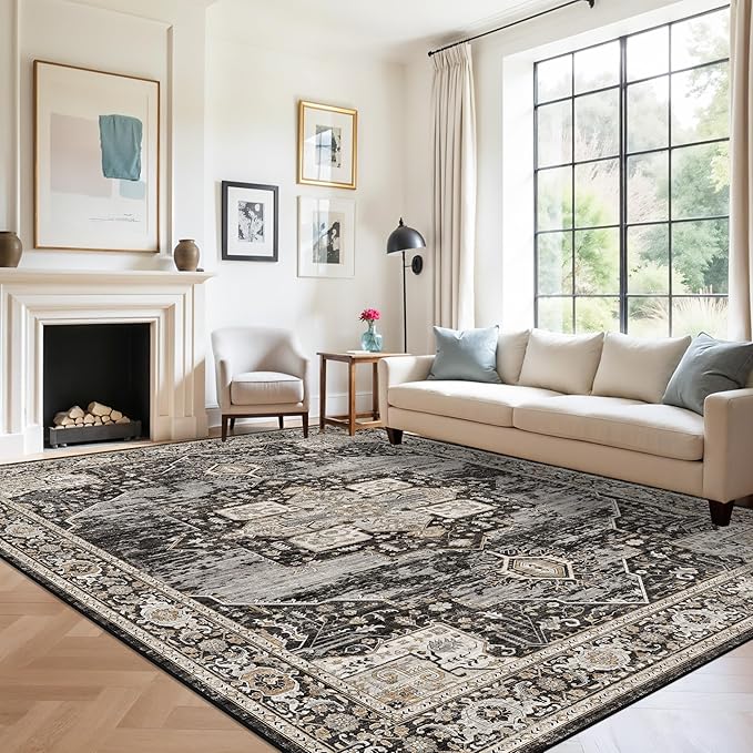 RUUGME 8x12 Washable Area Rug for Living Room,Indoor Large Boho Rugs for Bedroom Non Slip Stain Resistant Carpet for Dining Room/Office/Nursery Soft Home Decor Lightweight Floor Mat 8X12 Black