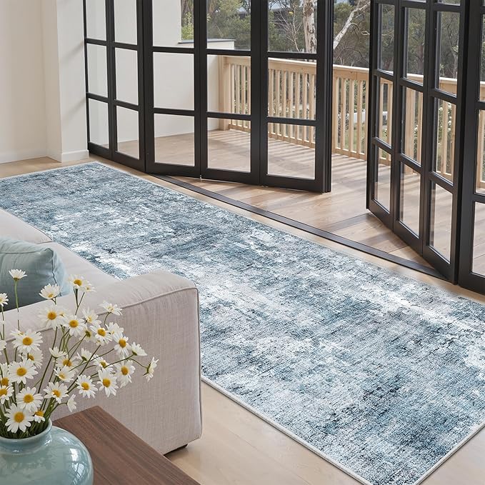 Soalmost Runner Rug 3x8 Washable Non-Slip Hallway Runner Rugs for Kitchen Bathroom Laundry Room Blue/Grey Vintage Floor Carpet Runners for Hallways Entryway