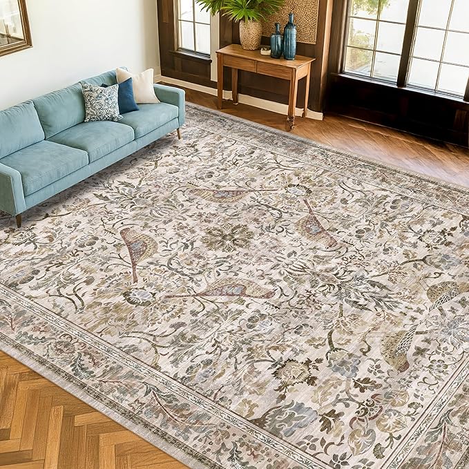 Vintage Moss Green 8x10 Washable Area Rugs for Living Room - Soft Floral Rug for Bedroom, Dining Room, Light Brown Taupe Low Pile Stain Resistant Bird Floral Bird Carpet