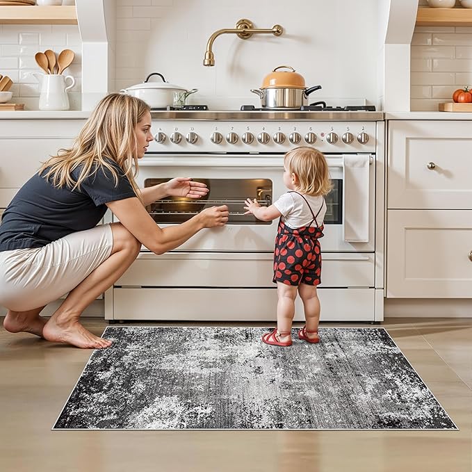 2x4 Washable Runner Rug – Non-Slip Small Throw Rug for Kitchen Floor, Bedroom, Entryway, Bathroom, Bedside – Modern Abstract Neutral Low-Pile Thin Indoor Door Mat（Black Grey,2x4）