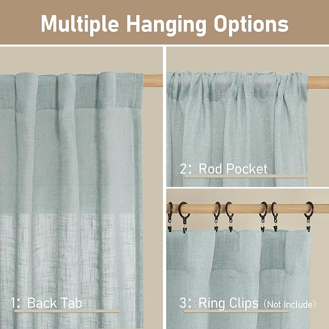 LAMIT 54 Inch Semi Sheer Window Linen Curtains, Light Filtering Panels Back Tab and Rod Pocket Neutral Drapes for Bedroom/Living Room, Greyish Blue, 2 Panels, 34 x 54 Inch