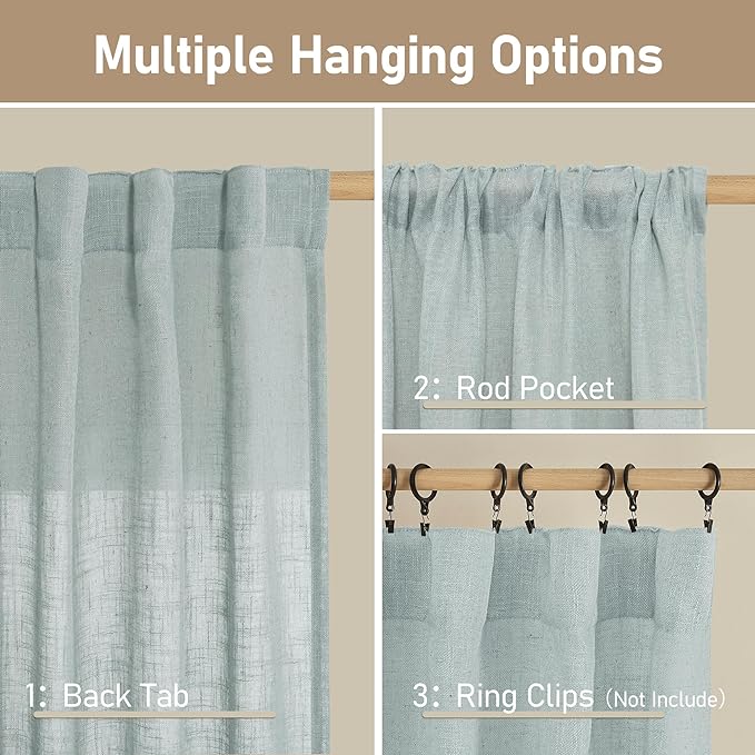 LAMIT Living Room Linen Curtains - 90 Inch, Back Tab & Rod Pocket, Light Filtering, Burlap Textured Sheer Curtains for Farmhouse, 2 Panels, 52 x 90 Inch, Greyish Blue