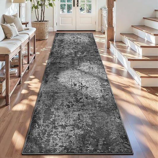 2.6x12 Black Rug Runners for Hallways Kitchen Runner Rug Non Slip Washable Black Long Runner Rugs with Rubber Backing Soft Abstract Carpet Runner for Bedroom, Kitchen, Bathroom, Entryway