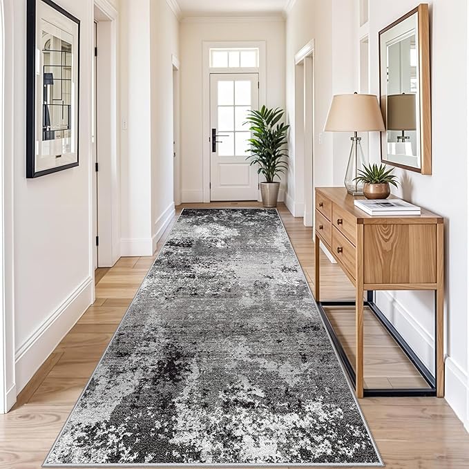 4x10 ft Extra Wide Hallway Rug – Non-Slip Washable Large Carpet Runner for Kitchen, Indoor Entryway, Modern Abstract Low-Pile Thin Floor Mat for Bedroom, Living Room, Dining Room (Black Grey,4x10)