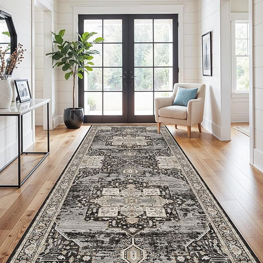 RUUGME Washable 4x12 Runner Hallway - Extra Long Runner Rug Soft Stain Resistant Carpet Vintage Ultra-Thin Rugs for Entryway Bedroom Kitchen with Non Slip Backing Home Decor Small Mat 4x12 Black