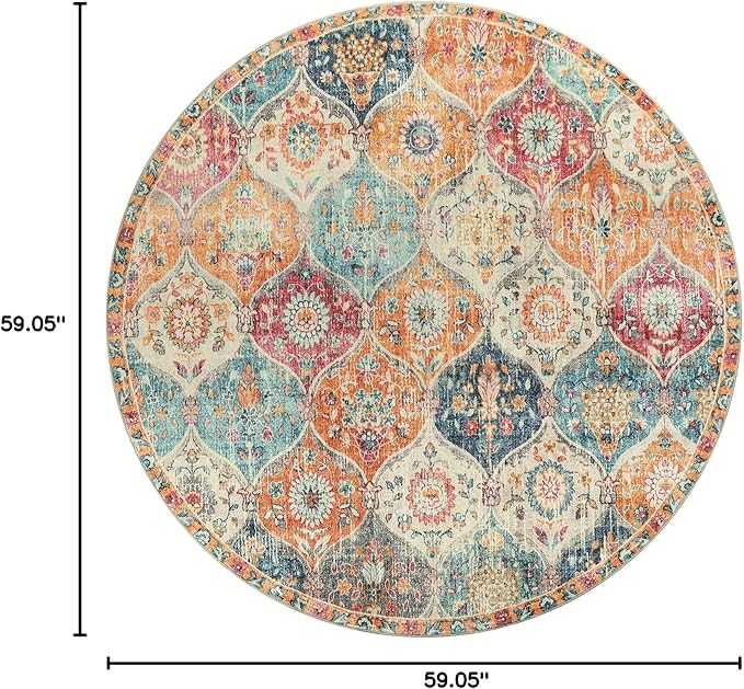Lahome Moroccan Trellis Washable Round Area Rug, Round Rug 5ft Soft Non-Slip, Non-Shedding Distressed Circle Carpet for Bedroom Living Room Bathroom Nursery Kitchen Elise, Cream/Multi
