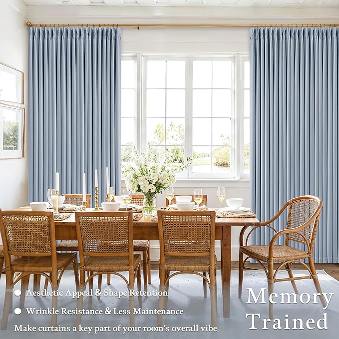 Light Blue Linen Blackout Pleated Curtains 90 Inches Long for Living Room Darkening Pinch Pleat 100% Black Out Drapes Thermal Insulated Soundproof Sky Blue 90 Inch Curtain for Baby Kids Bedroom