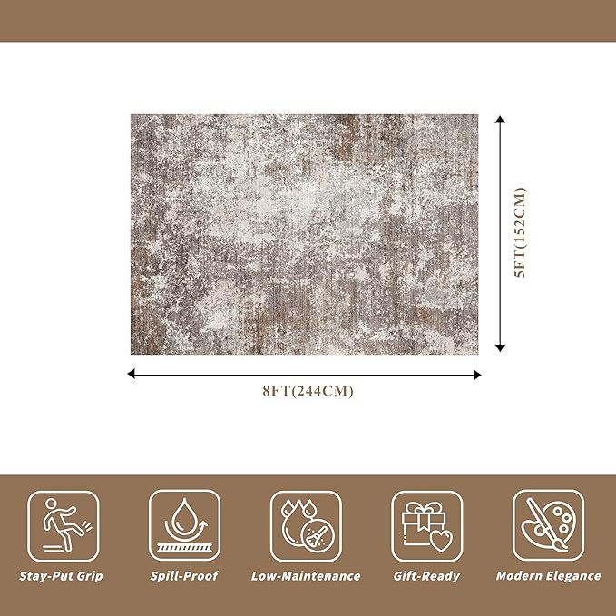 5x8 Washable Living Room Area Rug – Modern Neutral Abstract Rug for Bedroom, Kitchen, Dining Room – Non-Slip Low Pile Soft Indoor Carpet (Brown Beige,5x8)