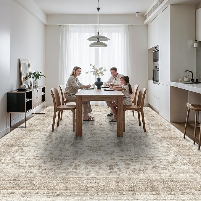 Machine Washable 12x15 Area Rug - Ultra Large Vintage Rugs with Non Slip Rubber Backing Stain Resistant Carpet for Bedroom Dining Room Indoor Soft Carpets Home Decor Flooe Mat 12x15 Beige Brown